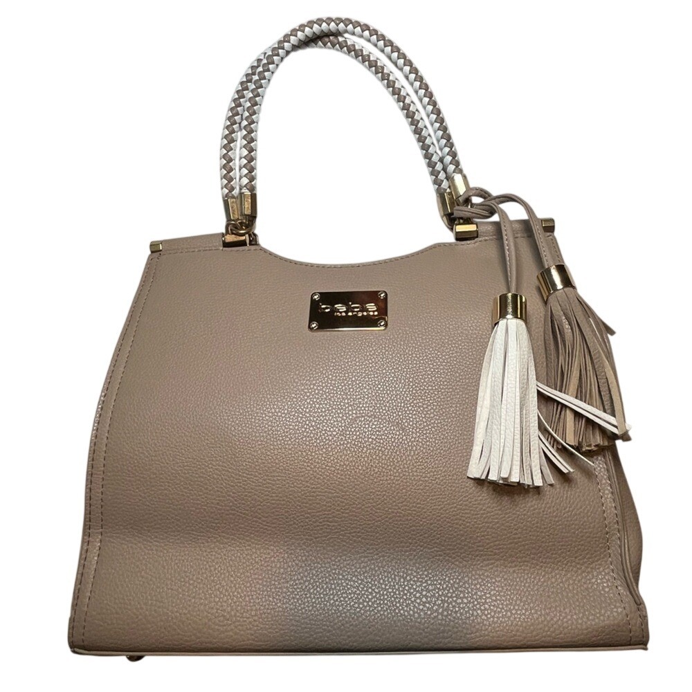 Bebe Los Angeles Taupe Pebbled Satchel Handbag Braided Handles Tassels Gold Tone